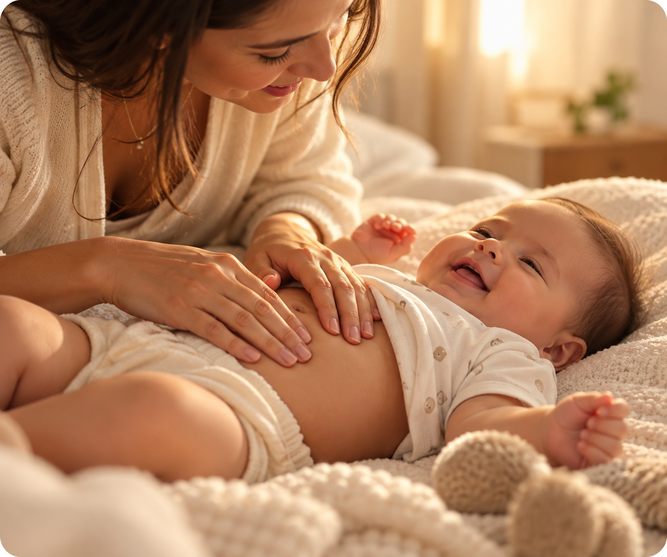 Mamãe fazendo massagem na barriga do bebê